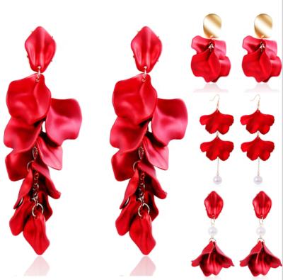 China S925 Silver Needle Earrings Female Red Rose Flower Earrings Fashion Long Drop Pearl Tassel Earrings for sale