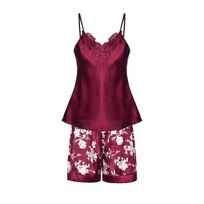 China Antibacterial European Style Burgundy Ladies Pajamas Set Ladies Pajama Pants Summer Sexy Shorts Pajamas For Women for sale