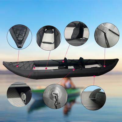 China 0.9mm PVC Inflatable Rowing Boat Carbon Look OEM Wholesale 2 Person Fishing Kayak Paddle Boat With Hardware Accessories Safety Pieces for sale