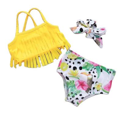 China Other Boutique Toddler Baby Fruit Printed Swimsuit With Tassel Strap Three Pieces Kids Swimwear Baby Suit for sale