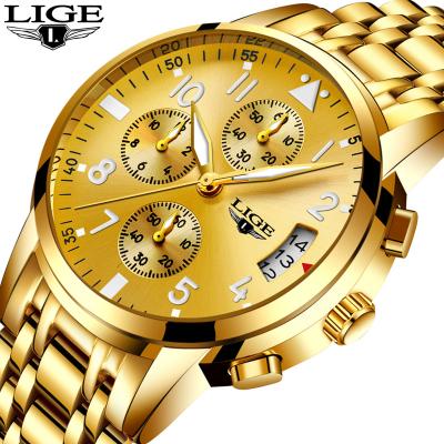 China GOLD top brand men's quartz sport steel waterproof golden watch LIGE automatic men's watches full date for sale