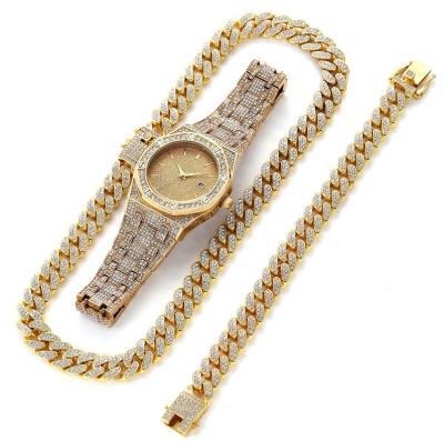 China Hip Hop Rapper Day/Date Jewelry Iced Out Bling Gold Plated Cuban Chain Necklace Bracelet Watch 3 Jewelry Sets for sale