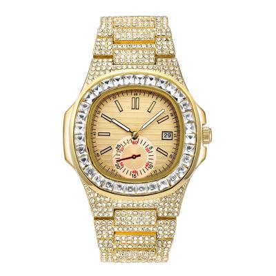 China Iced Out Day/Date 2021 Release Quartz Watch Shine Diamond Gold Silver Colorful Bling Hip Hop Luxury Watch For Men Wristwatch Gifts for sale