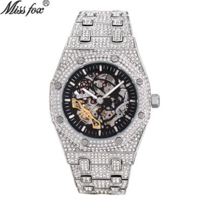 China NEW Hip Hop Date 2021 Stainless Steel Waterproof Luminous Men's Watch Full Diamond Iced Out Hollow Mechanical Automatic Watch for sale