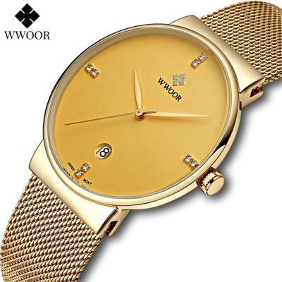 China Diamond Men Wristwatches Quartz Clock Man WWOOR 8018 Stainless Steel Day/Date Gold Color Luxury Mens Watch mannen Time for sale