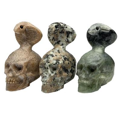 China Wholesale Folk Art Natural Crystal Opens Carving Xiuyan Jade Stone Hand Carved Cobra Snake Skull Figurine Quartz Witch Healing Gifts for sale