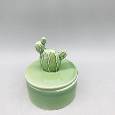 China Eco-friendly Hot Products Green Cactus Decor Porcelain Jewelry Box With Lid for sale