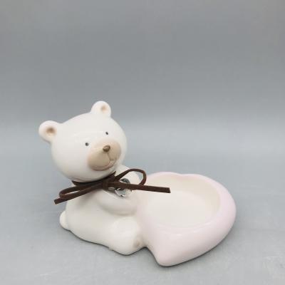 China New Eco-friendly Style Teddy Bear Decor Heart Shape Porcelain T-light Stand for sale