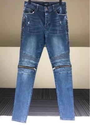 Cina Custom Apparel Supplier Men'S Blue Slim Fit Jeans Stretch Destroyed Ripped Skinny Jeans Knee Zipper Jeans in vendita