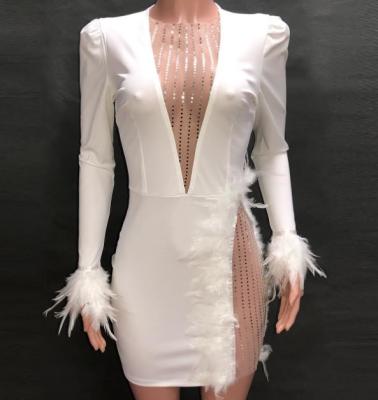 China V Neck Women Casual Dresses Mesh - Paneled Feather - Embellished Slim - Fit Dress for sale