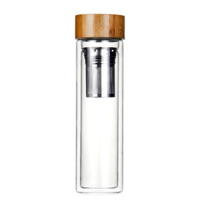 China Bamboo Lid Tea Infuser Borosilicate Glass Stocked Double Walled Water Bottle for sale