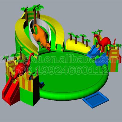 China Portable PVC Tarpaulin Inflatable Ground Water Park With Round Pool , Dinosaur Theme Inflatable Water Park for sale