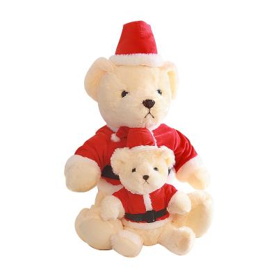 China Custom Stuffed Plush 25cm Bear with Santa Claus Uniform Clothes Hat Christmas Stuffed Bear Plush Christmas Teddy Bear for sale