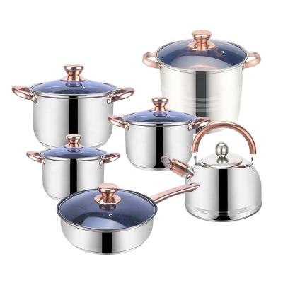 China New Design Sustainable Non Stick Rose Gold Plated 12 Pcs Stainless Steel Cookware Set Pots And Pans for sale