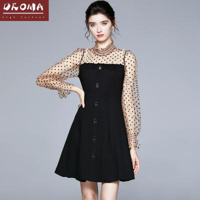 China Anti-wrinkle Droma Women Summer Fashion Polka Dot Print Black Mini Dress OEM ODM Garment Factory for sale