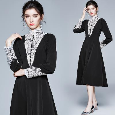 China Anti-wrinkle Droma High Collar Long Sleeve Midi Dresses Night Party Fashion Black High Quality Dress for sale