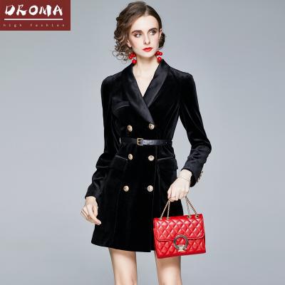 China Anti-wrinkle Droma 2021 New Design Winter OL Wear Fashion V-neck Black Coat Elegant Women With Sashes for sale