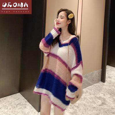 China Anti-Wrinkle Droma Fall Winter New Arrival V Neck Western Style Loose Women's Casual Striped Sweater for sale