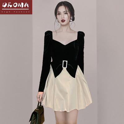 China 2022 Anti-wrinkle New Arrival Droma Elegant Women Black And White Long Sleeves Korean Casual Mini Dress With Bow for sale