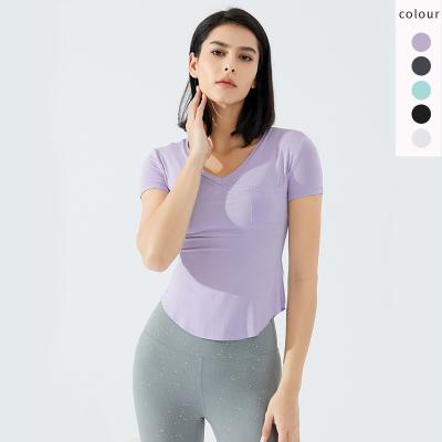 China Spring And Pocket Summer Thin T-shirt Women'S Breathable V-Neck Sports Tight Stretch Running Short Sleeve Fitness Top for sale