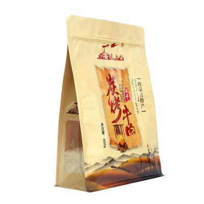 China Recycled Materials Promotion Flat Bottom Custom Food Packaging Recycled Bag Good Quality Kraft Paper Bag With Side Window And Zipper for sale