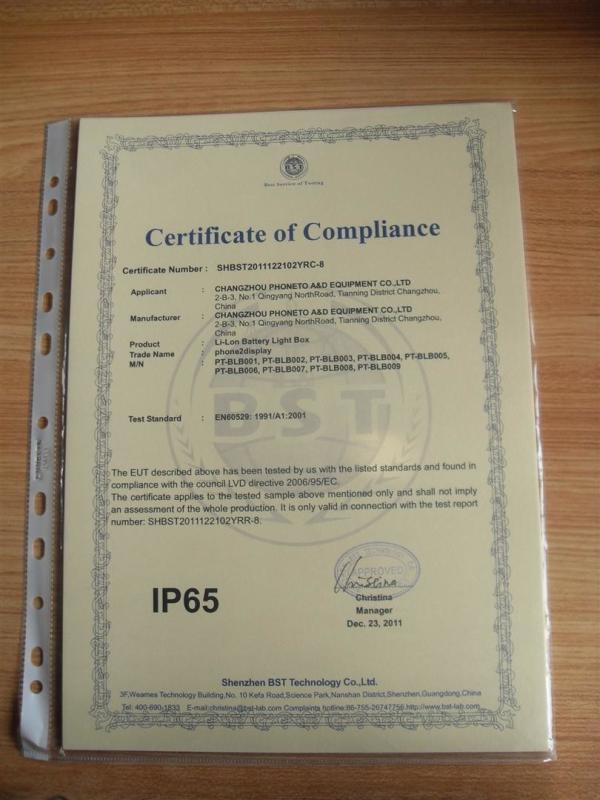 Certificate of Compliance - Changzhou Phoneto Advertising Display Equipment Co., Ltd.