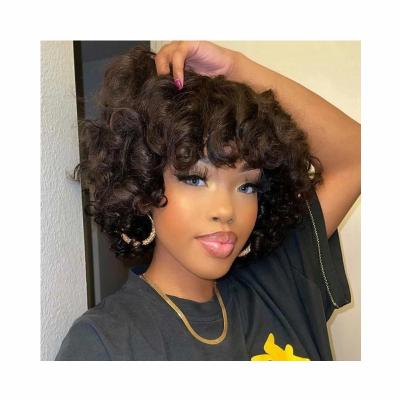 China Beesoul Deep Wave Human Hair Wigs With Bangs Short Bob Machine Made Full Wigs For Colored Women Pixie Cut Brazilian Hair Toupee for sale