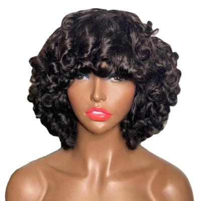 China Beesoul Short Bob Curly Wigs Brazilian Human Hair Wigs For Black Women With Natural Color Full Bangs Machine Made Wigs for sale