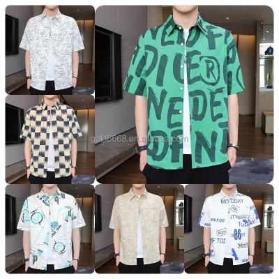 China Anti-wrinkle Printed summer stretch fabric short sleeve men's button neck Aloha shirt tropical beach shirt men's for sale