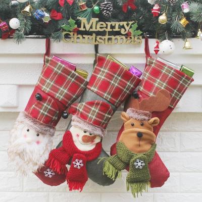 China Eco-Friendly Recycle Christmas Ornament Plaid Stockings 2021 Felt Large Plush 3D Reindeer Snowman Design Hanging Stockings for sale