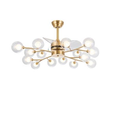 China Modern Post Modern Gold Copper Glass Ball Led Ceiling Fan Lamp Ceiling Fan Lights Remote Control Prices for sale