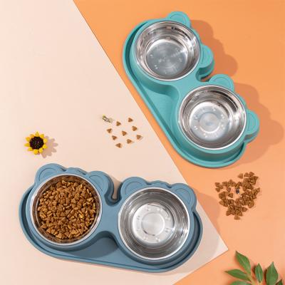 China Wholesale Automatic Cartoon Bear Head Stainless Steel Pet Two-in-One Dog Cat Food Bowl for sale