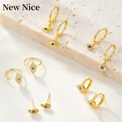 China TRENDY 925 Sterling Silver Evil Blue Eyes Shape 18k Gold Plated Small Hoop Earrings Mini Circle Zirconia Huggie Hoop Earrings For Women for sale