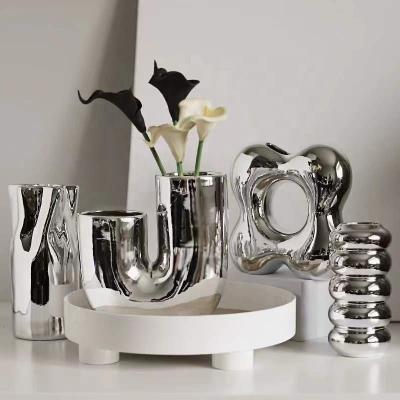 China Ceramic Ware Vases Plating Vase Silver Ceramic Home Decoration Hydroponic Flower Vase for sale