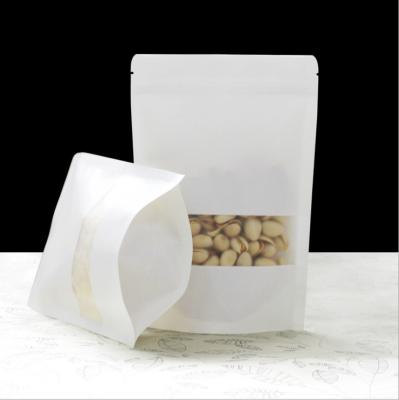 China Disposable Reusable Biodegradable Brown White Silver Food Pouch Stand Up Zip Lock Kraft Paper Pouch With Window for sale