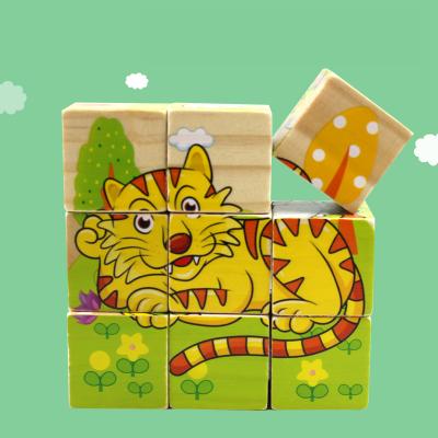 China SAFE Hot Selling Educational Creative 3D Cartoon Children Six Face Sided Block Wooden Jigsaw Cube Jigsaw Kids Toys for sale