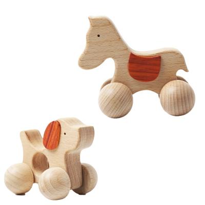 China High Quality Unpainted Animal Car Study Toy Baby Learning To Crawl Solid Wood Inertia Walk and Hold Beech Wood Early Educational Toys for sale