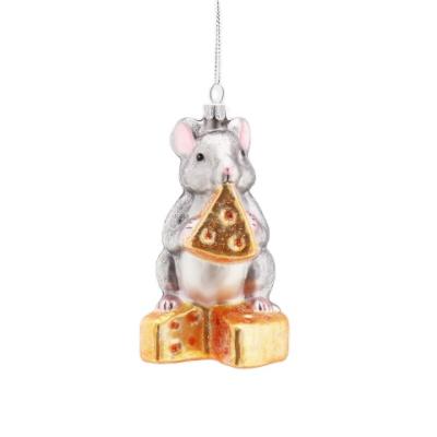 China Blown Glass Mouse Ornaments Cute Cartoon Glass Mouse Eating Cheese Christmas Tree Ornament For Holiday Party Decoration for sale