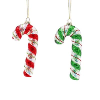 China Custom Creative Glitter Christmas Gift Candy Cane Ornament Hanging Christmas Tree Glass Pendant for sale