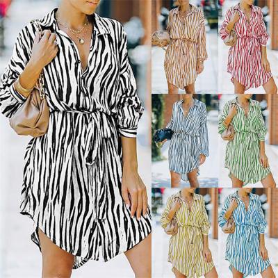 China Breathable Fashion Office Ladies Dresses Single Breasted Long Sleeve Printed Autumn Women Shirt Dress for sale