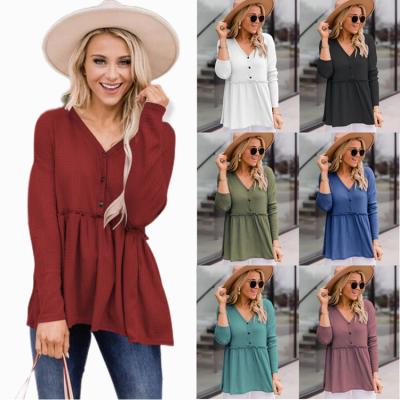 China Fashion Ladies V Neck Breathable Shirts Long Sleeve Solid Color Autumn Women Ruffles Waffle Check T-Shirt for sale