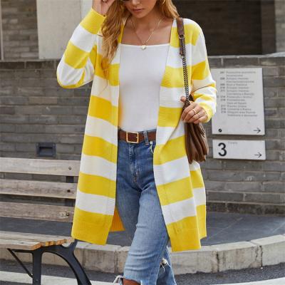 China Breathable Casual Ladies Knitted Sweaters Stripe V-neck Long Sleeve Winter Women Cardigan Coat for sale