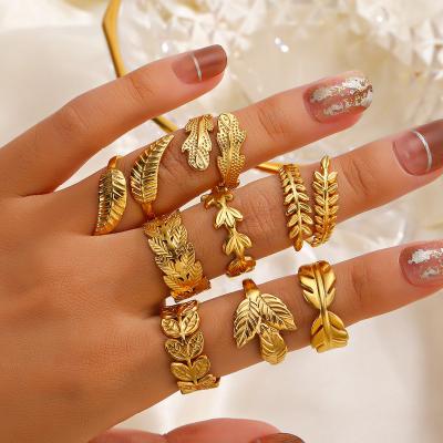 China TRENDY Popular Stainless Steel Leaf Finger Ring Opening Adjustable Chunky 18K Gold Plated Titanium Steel Leaf Ring for sale