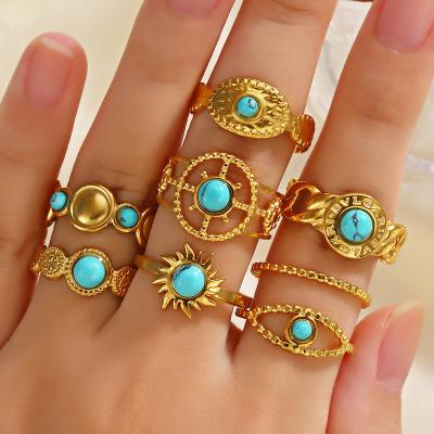 China TRENDY Vintage 18K Gold Natural Turquoise Stone Ring Stainless Steel Opening Gemstone Ring for Women for sale