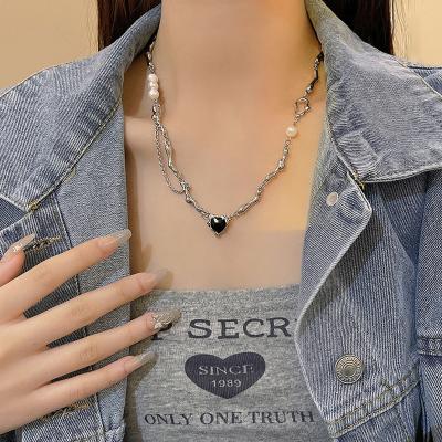 China TRENDY Personalize Zircon Love heart Titanium Pearl Necklace Women Premium Collarbone Chain Women's Accessories for sale