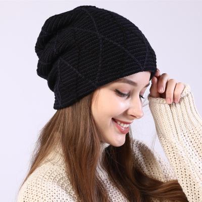 China 55cm-65cm Explosive Women's Overhead Cap Mixed Color Grid Diamond Knitting Wool Cap Autumn And Winter Ear Protection Pile Cap for sale