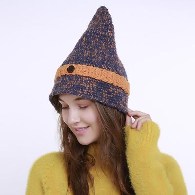 China 55cm-65cm Fashion Witch Tip Tip Hat Pure Hand Knitting Autumn And Winter New Small Tip A Button Knitting Wool Mixed Color Caps for sale