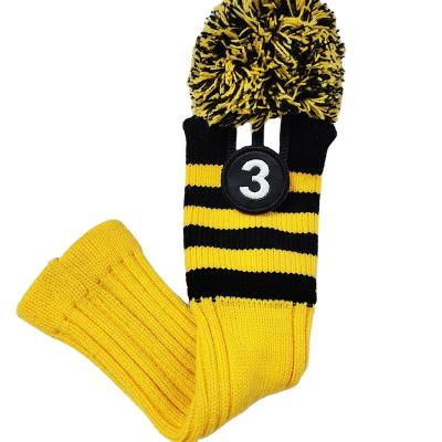 China 2021 Durable Wool Knitted Pompom Yellow Stripe Golf Driver With Vintage Custom Design Number Tag Headcover Durable Golf Accessories for sale