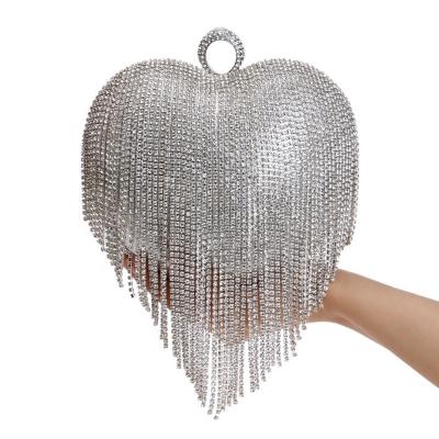 China High Quality Women Tassel Metal Frame Evening Clutch Bag Rhinestone Rhinestone Wedding Party Purse Luxury Heart Shaped Handbag for sale