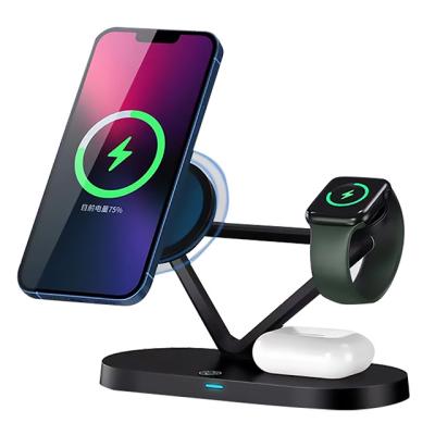 China Smart Watch LED Radio Charging Station 15W Night Desktop Magnetic Wireless Charger 3 in 1 Holder for iPhone/AirPods/iWatch Qi Charging for sale